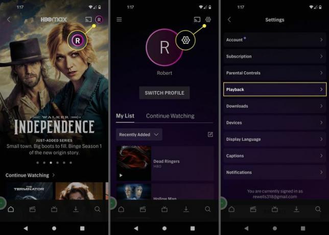 HBO Max モバイル アプリで強調表示されたプロフィール アイコン、設定ギア、および再生。