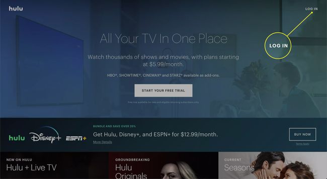 หน้าแรกของ Hulu โดยเน้นการเข้าสู่ระบบ