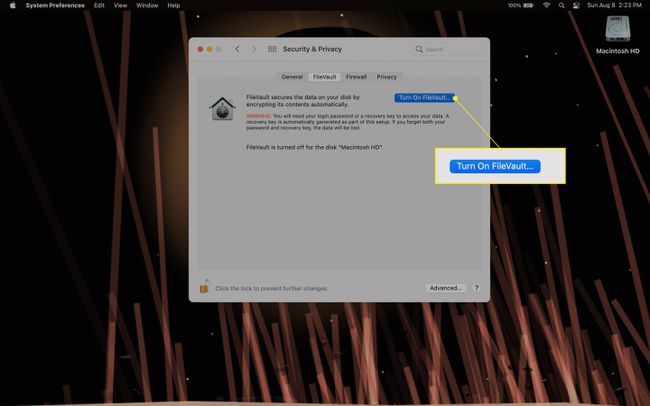 FireVaultをオンにするMacFileVault設定が強調表示されている