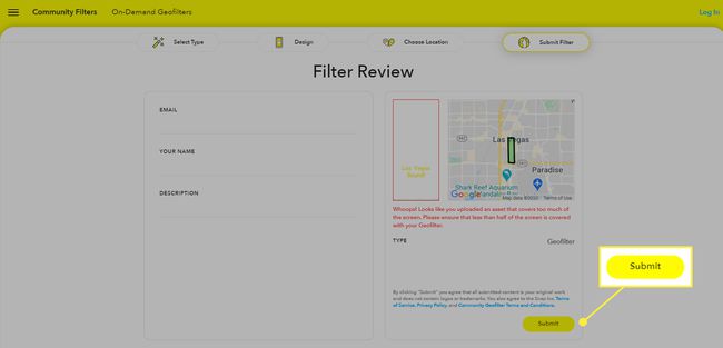 Snapchats anmeldelsesside for et brugerdefineret geofilter.