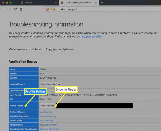 Екран информација о решавању проблема у мацОС Фирефок-у са истакнутим Профилом и Прикажи у Финдер-у