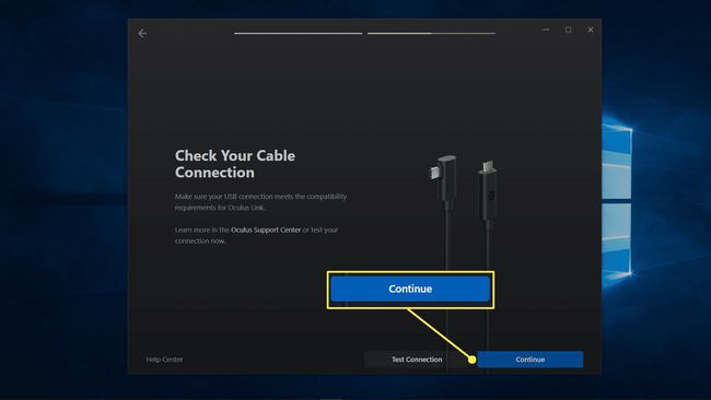 המשך מודגש במסך חיבור הכבלים של אפליקציית Oculus.