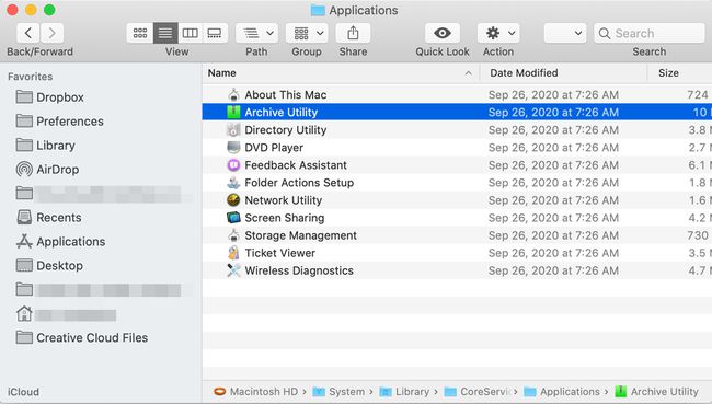 أداة الأرشفة في مجلد نظام Mac