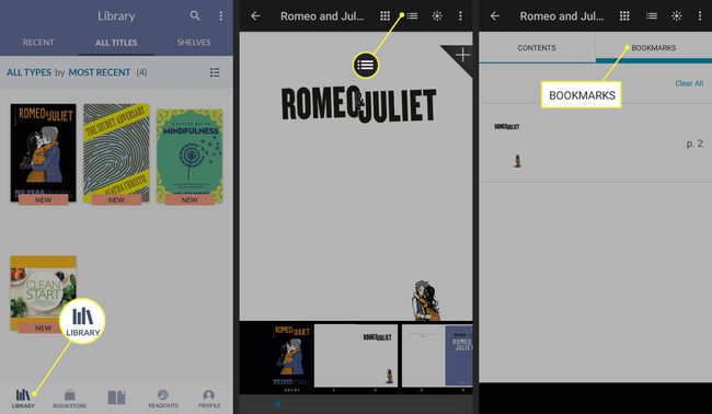 Ikoner för bibliotek, innehållsförteckning och bokmärken i Nook-appen för Android