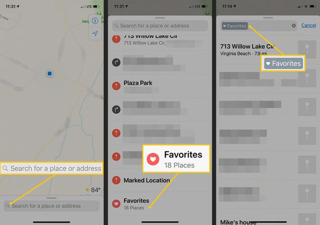 Поле поиска, избранные места, тег избранного в Картах iOS