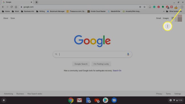 Chromebookin Google Chrome näyttää kolmen pisteen kuvakkeen sijainnin