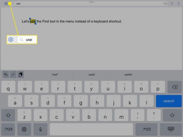 مربع البحث في Word على iPad