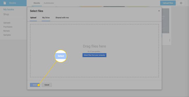 A Google Könyvek feltöltési képernyője a Kiválasztás gombbal