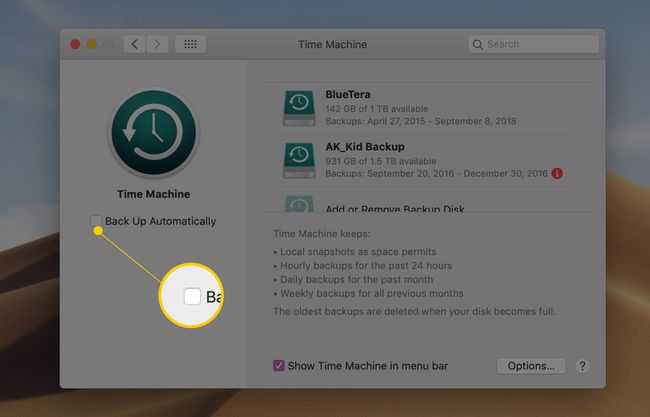 macOSMojaveのTimeMachine設定の[自動バックアップ]チェックボックス