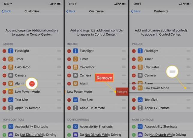 Botão de subtração, botão Remover e botão de mover item no Centro de Controle do iOS Personalizar as configurações