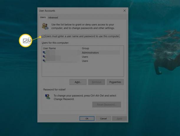 Windows 10'daki Kullanıcı Hesapları penceresinde Kullanıcılar bu bilgisayarı kullanmak için bir kullanıcı adı ve parola girmelidir seçeneğinin yanındaki onay kutusu