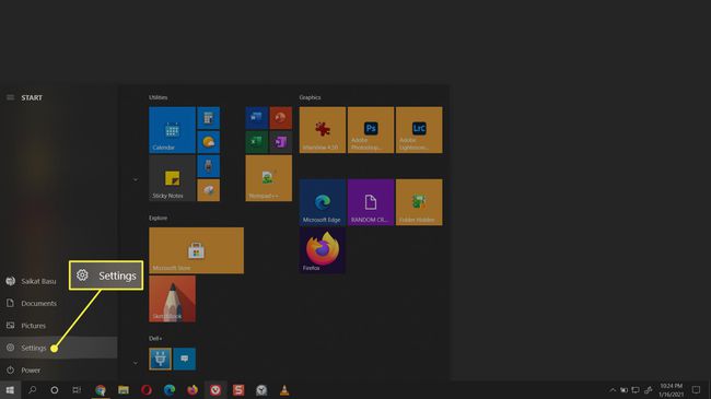 Windows 10'da Başlat menüsündeki Ayarlar öğesi.
