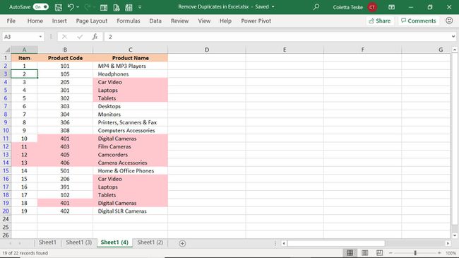 Wynik filtra zaawansowanego w celu usunięcia zduplikowanych wierszy w programie Excel