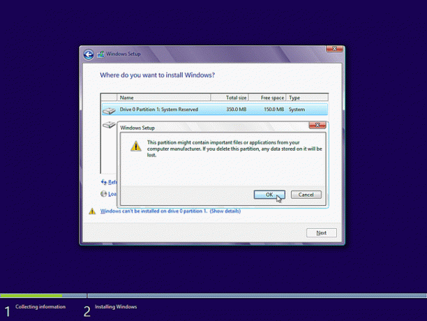 Dialogové okno potvrzení odebrání oddílu instalace systému Windows 8