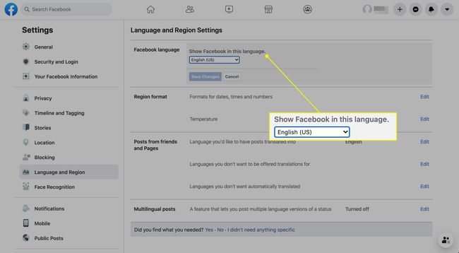 Nabídka výběru jazyka na Facebooku