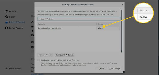 Permisos de notificaciones en Firefox con la columna Estado resaltada