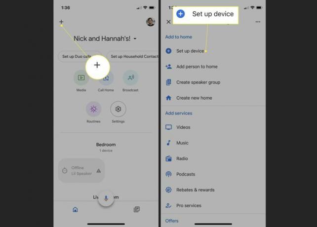 Aplicativo Google Home com sinal de adição e dispositivo de configuração em destaque