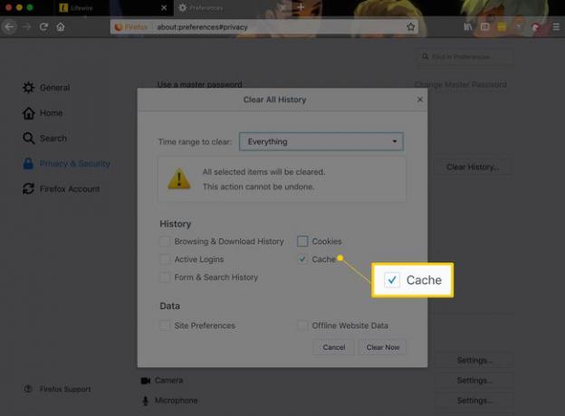 Casilla de verificación de caché en el cuadro de diálogo Borrar todo el historial en Firefox