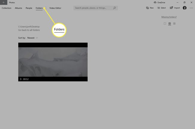 Vídeo listado na tela Pastas do aplicativo Fotos do Windows 10