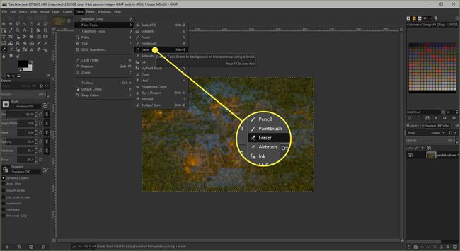 Silgi aracının vurgulandığı bir GIMP ekran görüntüsü