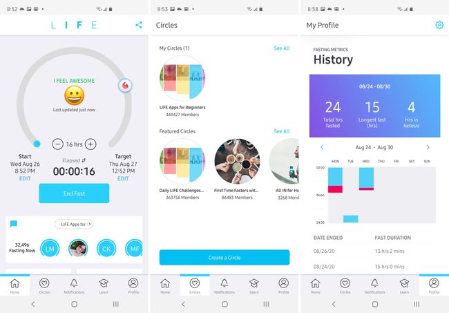 Tři pohledy na aplikaci Life Fasting Tracker.