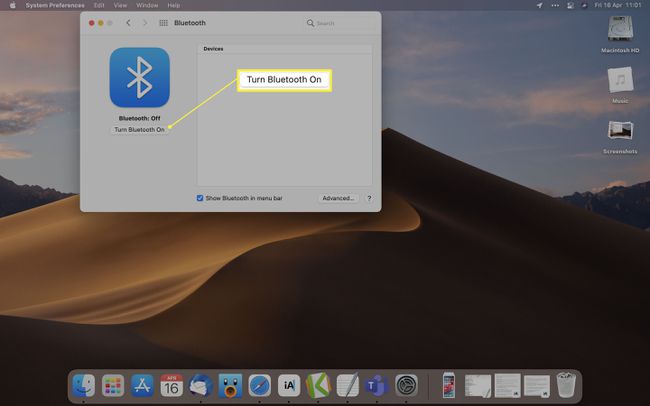 MacOS, jossa Turn Bluetooth On korostettuna