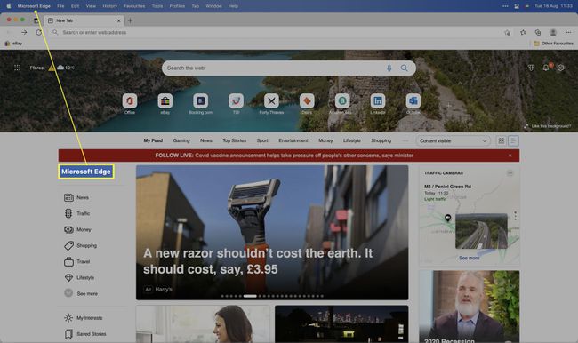 Edge على Mac مع تمييز Microsoft Edge على شريط القوائم.