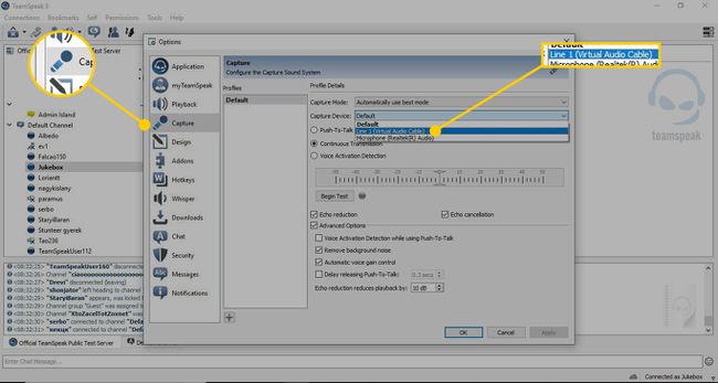 Opcje w TeamSpeaku z podświetloną sekcją Capture i opcjami Line 1
