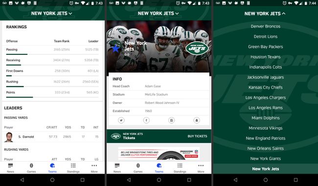 NFL mobilalkalmazások csapatoldalai