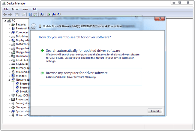 Ekraanipilt draiveri tarkvara värskendamise ekraanist operatsioonisüsteemis Windows 7