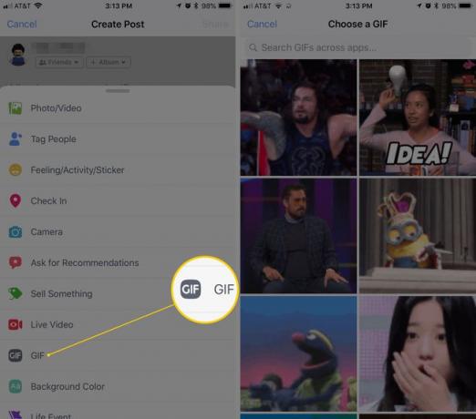 Zrzut ekranu interfejsu GIF w aplikacji Facebook na iOS