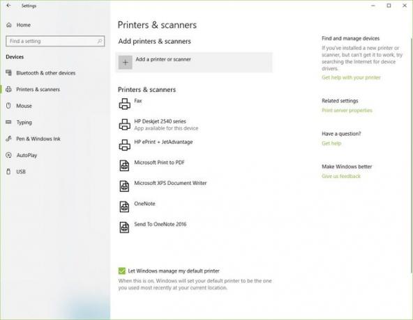 Skärmdump av skrivare och skannrar i Windows 10