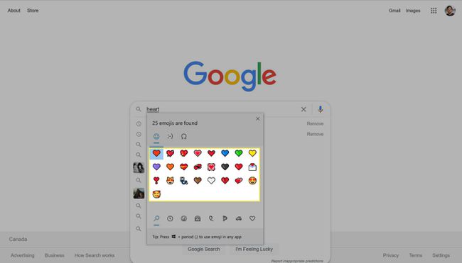 ვეძებთ გულის სიმბოლოებს Windows 10 emoji კლავიატურაში.