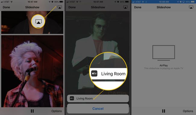 Três telas do iOS mostrando os itens da interface AirPlay, Apple TV Sala de estar e " Esta apresentação de slides está sendo reproduzida na Apple TV"