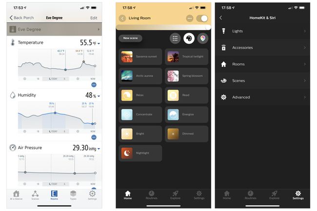 3 iPhone-kuvakaappausta: (vasemmalla) Eve Degreen sääasemakaavio lämpötilasta, kosteudesta ja ilmanpaineesta ajan myötä (keskellä) Philips Hue -kuvausvalaistuksen oletusasetukset (esim. Savannan auringonlasku, Arctic Aurora, jne.); (oikealla) HomeKit- ja Siri-asetukset Philips Hue -sovelluksessa (näyttää valot, lisävarusteet, huoneet, kohtaukset ja lisävalikot)
