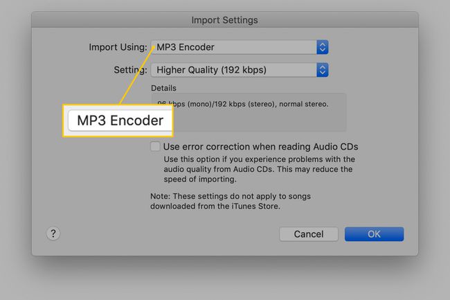 ตัวเข้ารหัส MP3 ในการตั้งค่าการนำเข้า iTunes