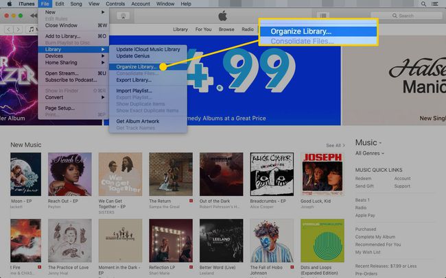 [ライブラリの整理]オプションが強調表示されたMac上のiTunes