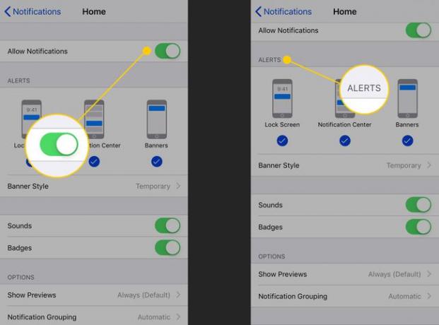 iPhoneで通知スイッチとアラートの見出しを許可する