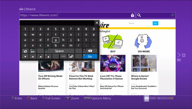 オンスクリーンキーボードでlifewire.comをロードするPS4ウェブブラウザ