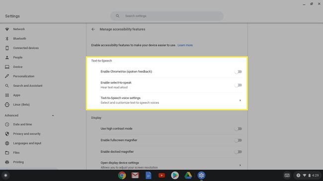 Opțiuni de transformare a textului în vorbire în setările Chromebookului