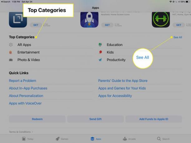 شاشة متجر تطبيقات iPad مع أفضل الفئات ورؤية الكل مميز