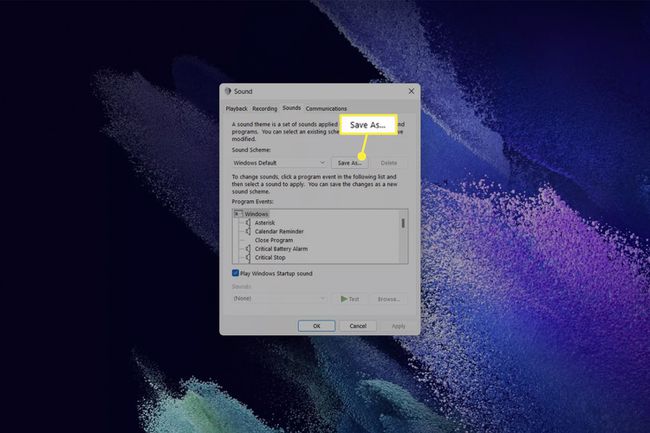 Okno ustawień dźwięku systemu Windows 11 z widocznym menu rozwijanym Schemat dźwięku.