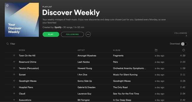 Zrzut ekranu listy odtwarzania Discover Weekly w aplikacji komputerowej Spotify.