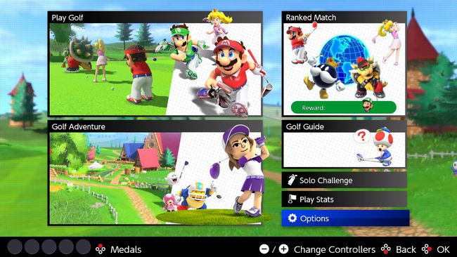 Opções destacadas em Mario Golf no Switch.