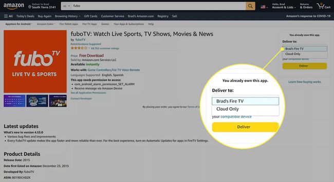 Stran aplikacije fuboTV na spletnem mestu Amazon z izbranim menijem naprave.