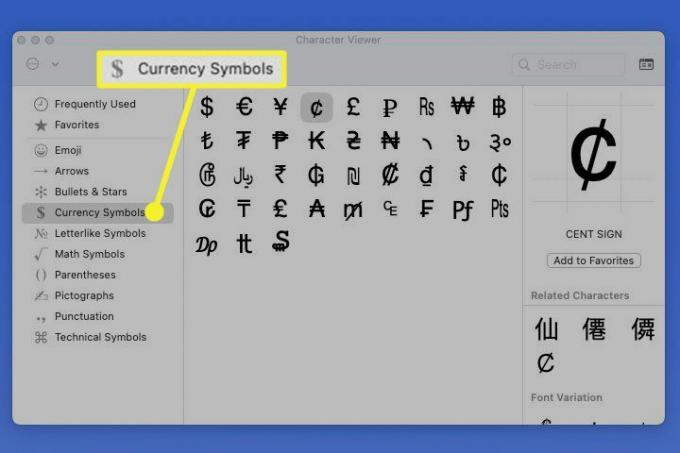 Valuuta sümbolid Maci tähemärgivaaturis