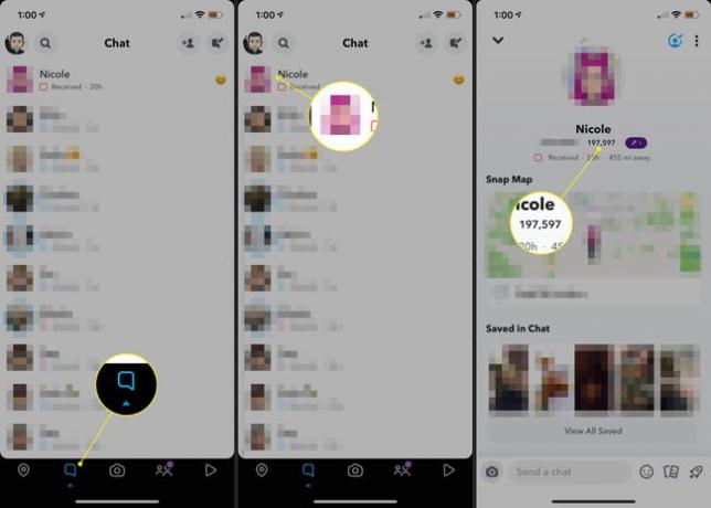 Sohbetler sekmesi, bir kullanıcı resmi ve Snapchat uygulamasındaki Snapchat puanları