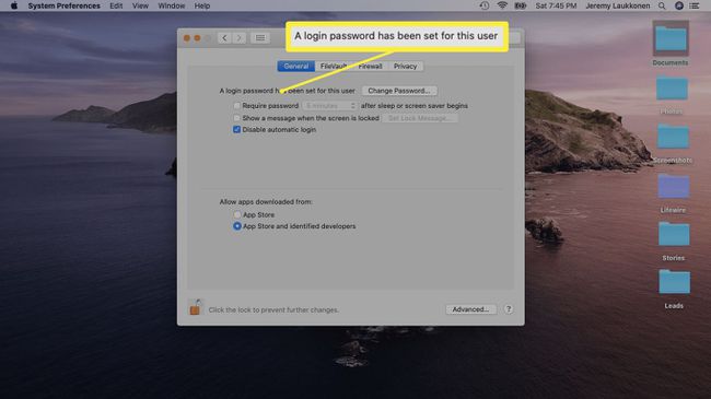 Uma captura de tela das configurações de segurança e privacidade no macOS.