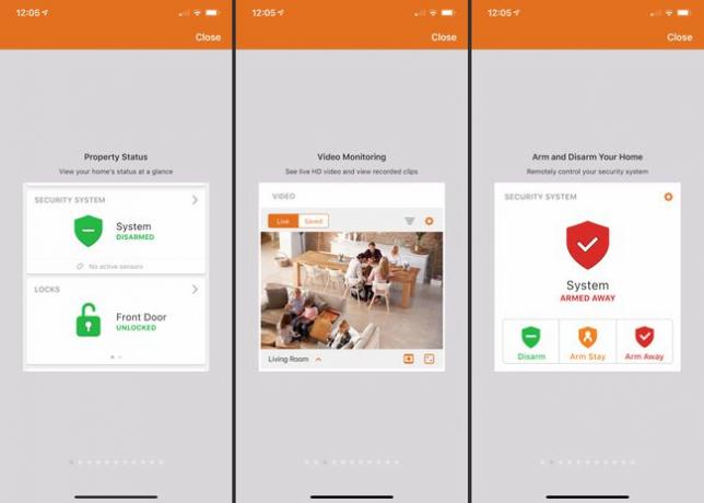 Trīs iOS ekrāni no lietotnes Alarm.com