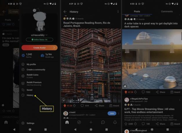 Reddit-historik och sparade inlägg i Android-appen